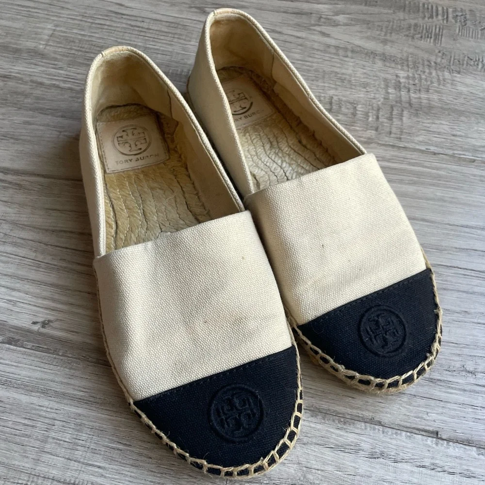 Tory Burch Canvas Espadrille Cream/Black/Tan Slip On Classic Quiet Luxury SZ 7.5
